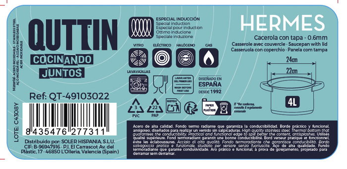 Inde Hermes Cacerola de Acero Inoxidable con Tapa 22 cm (4L) - Pack de 4 Unidades