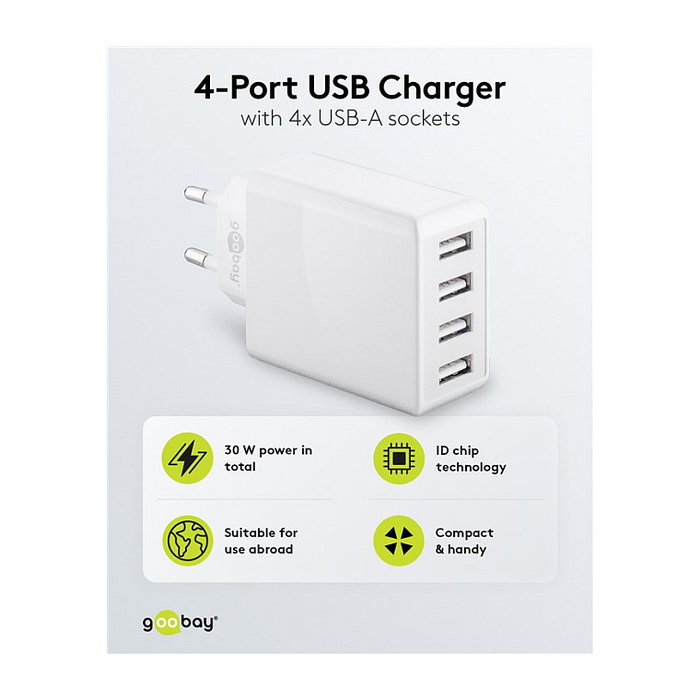 Goobay Adaptador de red USB A de 4 puertos, 30W, blanco