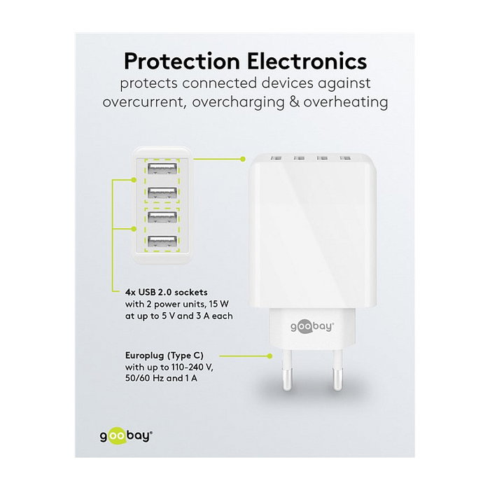GOOBAY Cargador de red con 4 puertos USB, 30W, blanco GOOBAY Cargador de red con 4 puertos USB, 30W, blanco