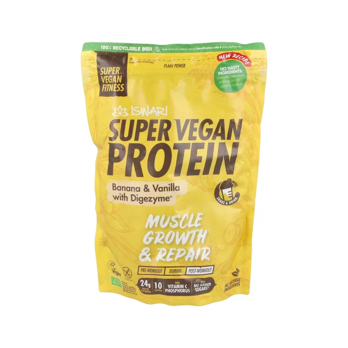 Iswari Super Vegan Protein Fitness, Proteína Vegetal en Polvo para Aumento Masa Muscular y Recuperación, Sabor Plátano y Vainilla, 350 g, Sin Gluten Iswari Super Vegan Protein Fitness, Proteína Vegetal en Polvo para Aumento Masa Muscular y Recuperación, Sabor Plátano y Vainilla, 350 g, Sin Gluten