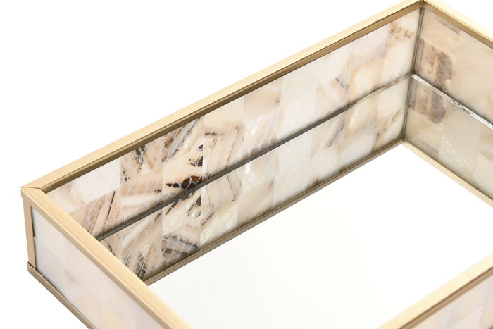 DKD Home Decor Bandeja Decoración Scandi Blanco Dorado Cristal y Metal 21 x 13 x 4 cm (4 Unidades)