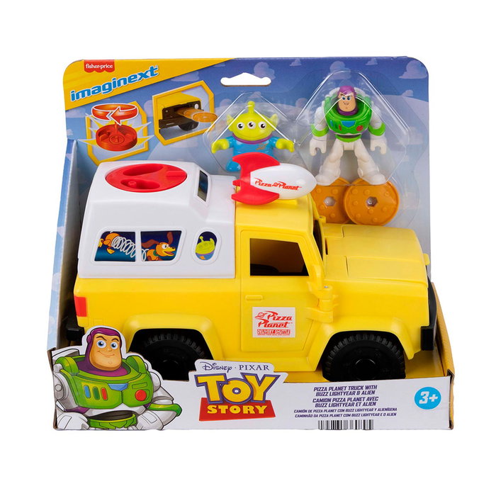 Imaginext Vehículo Pizza Planet Toy Story - Buzz Lightyear y Alien - Camión lanzapizzas - Juguete +3 años