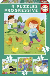 Educa 17145 - Puzzles Progresivos 6-9-12-16 Piezas, Animales de la Granja, +3 años
