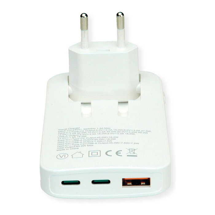 ROLINE Cargador USB delgado con enchufe Euro plegable 65W