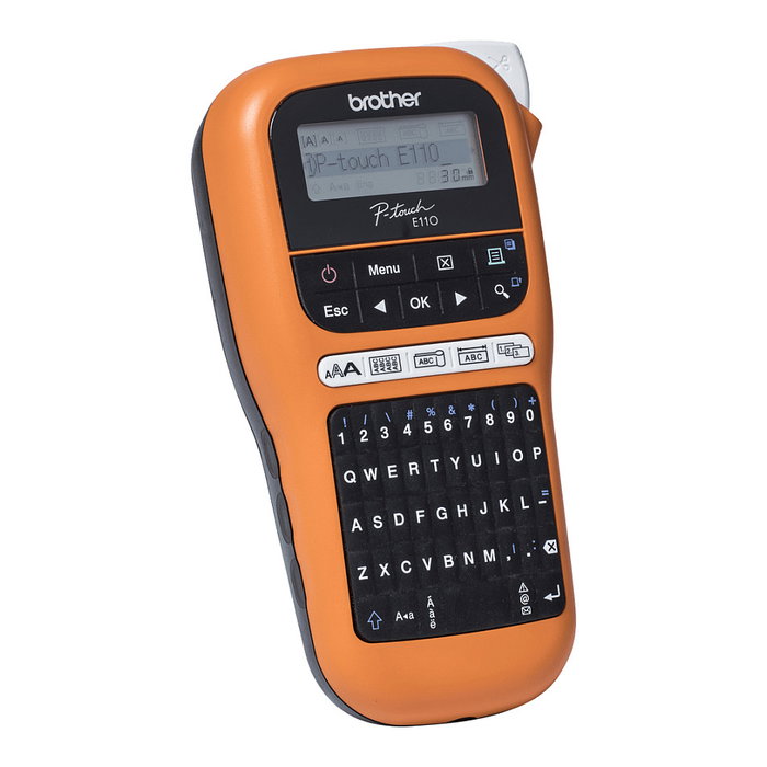 Brother PT-E110 Etiquetadora Portátil, Transferencia Térmica, QWERTY, Negro y Naranja, Incluye Cartucho, 9 Estilos de Fuente, 20 Idiomas, Hasta 12 mm de Ancho de Etiqueta