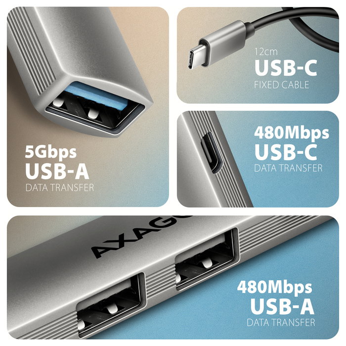 Axagon HUE-STC Hub USB con 4 puertos y carcasa de aluminio gris Axagon HUE-STC Hub USB con 4 puertos y carcasa de aluminio gris