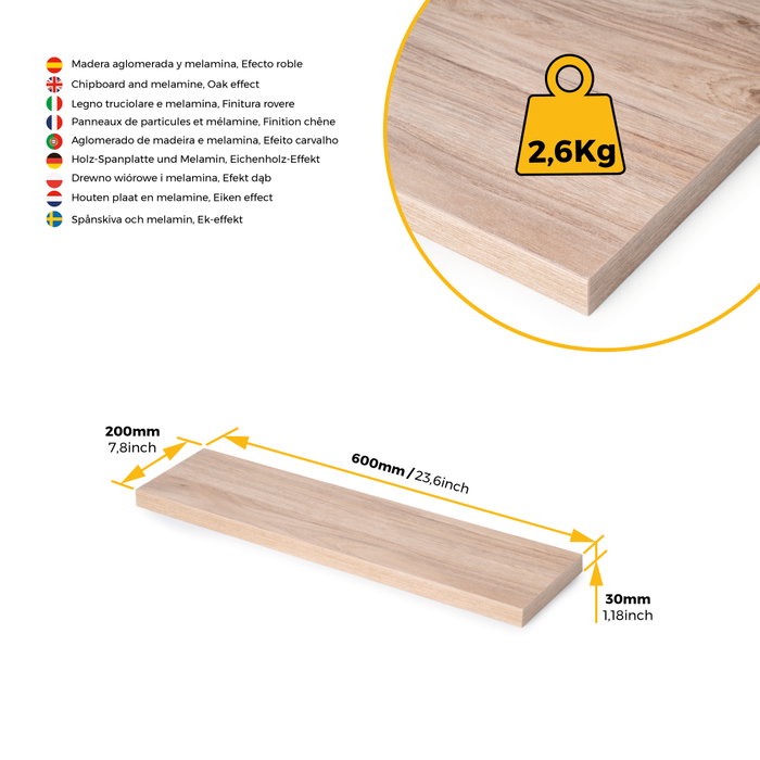 Emuca Tablero para baldas de estante, 600x200mm, espesor 30mm, Madera, Efecto roble