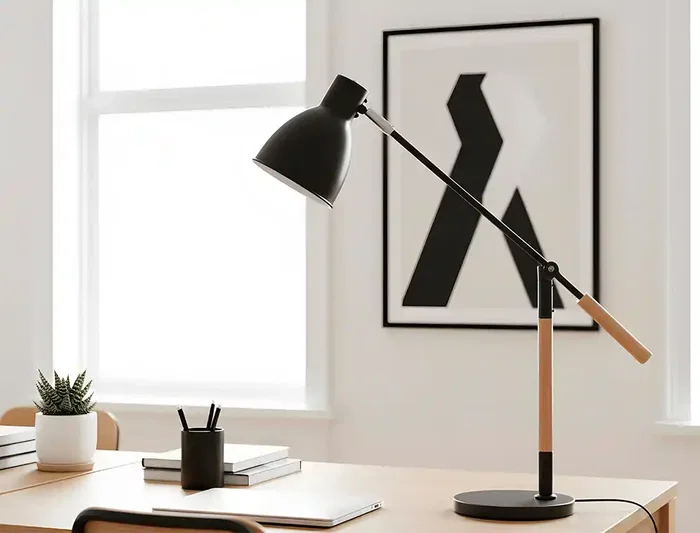 Q-Connect Lámpara de Escritorio Deneb Metálica con Detalles de Madera y Brazo Articulado de 2 Puntos, Interruptor, Color Negro