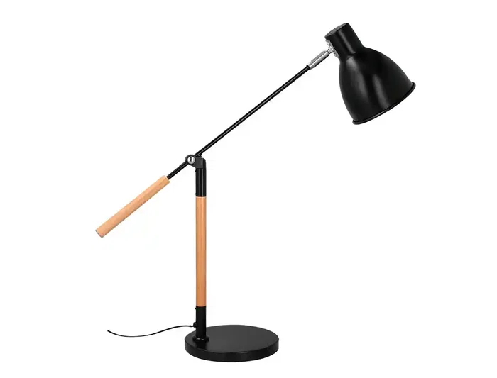 Q-Connect Lámpara de Escritorio Deneb Metálica con Detalles de Madera y Brazo Articulado de 2 Puntos, Interruptor, Color Negro