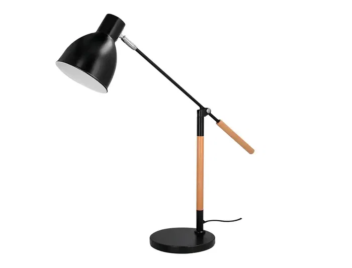 Q-Connect Lámpara de Escritorio Deneb Metálica con Detalles de Madera y Brazo Articulado de 2 Puntos, Interruptor, Color Negro