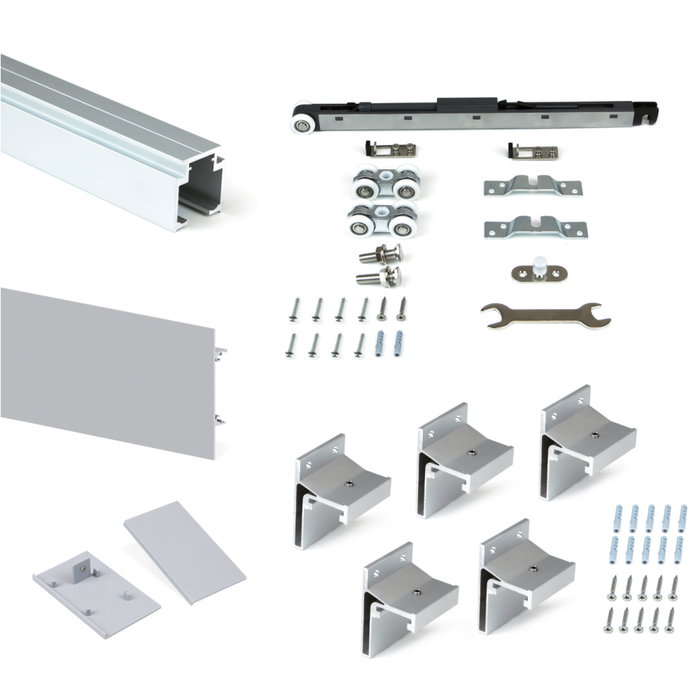 Emuca Kit de sistema corredero Railway para puertas de madera con cierre suave, 80kg, Aluminio Anodizado mate