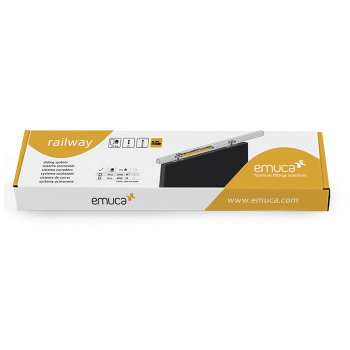 Emuca Kit de sistema corredero Railway para puertas de madera con cierre suave, 80kg, Aluminio Anodizado mate