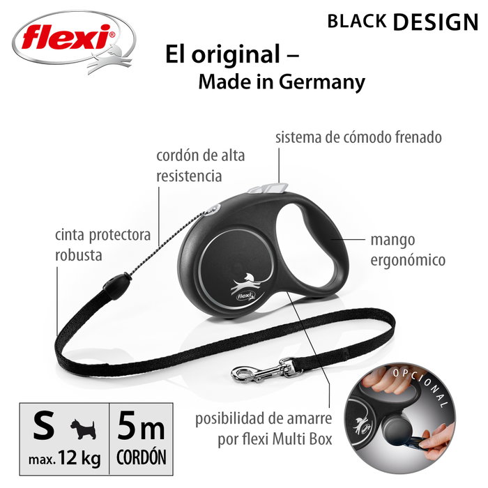 Flexi Black Design Correa Extensible de Cordón 5m Talla S hasta 12kg Negro Flexi Black Design Correa Extensible de Cordón 5m Talla S hasta 12kg Negro