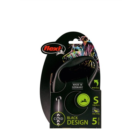 Flexi Correa de Cordón para Perros, Negra, 5 Metros, Resistencia 12 kg, Compatible con Multi Box y Sistema LED