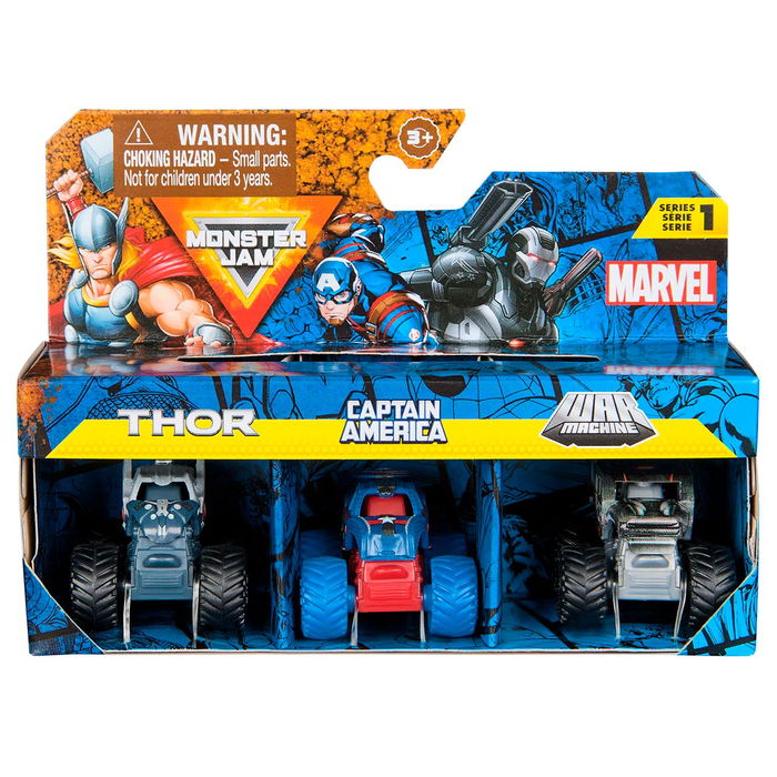Spin Master Monster Jam Pack 3 Mini Marvel 6070229 Camiones de Juguete con Diseños de Superhéroes