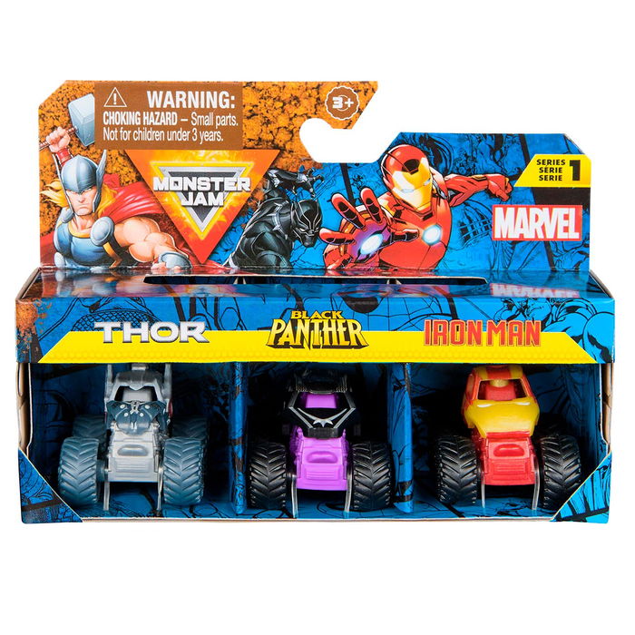Spin Master Monster Jam Pack 3 Mini Marvel 6070229 Camiones de Juguete con Diseños de Superhéroes