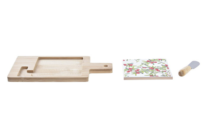 DKD Home Decor Set de 3 Tablas para Aperitivo de Bambú y Gres, Rojo, Natural y Blanco