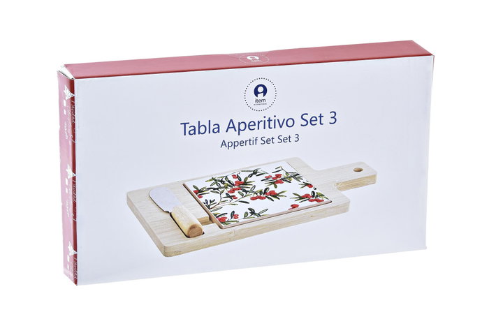 DKD Home Decor Set de 3 Tablas para Aperitivo de Bambú y Gres, Rojo, Natural y Blanco