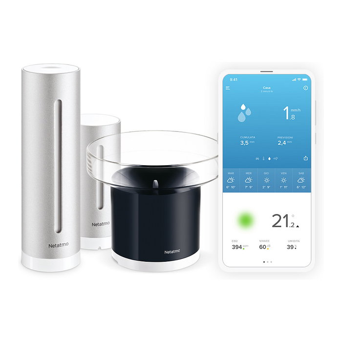 Netatmo NBU-NWS-NRG-EU Estación Meteorológica con Sensor Exterior de Lluvia y Temperatura, WiFi, Alexa, HomeKit, Aluminio Plata