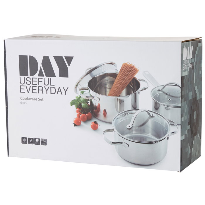 Day Batería Cocina 3 Piezas Acero Inoxidable con Tapas Cristal Válvula Vapor Apta Inducción Gas Eléctrica Vitrocerámica