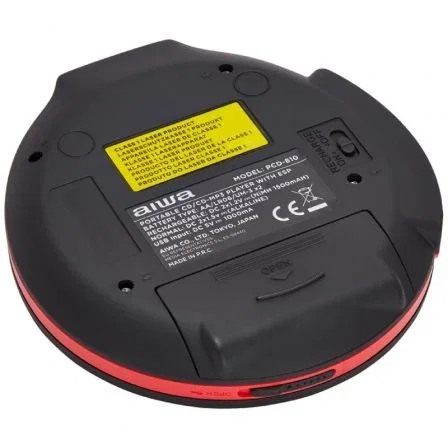 Aiwa PCD-810RD Reproductor CD/MP3 Portátil a Pilas Recargables y USB, Auriculares Graves Profundos, Antigolpes ESP, Negro y Rojo