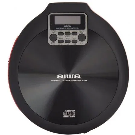 Aiwa PCD-810RD Reproductor CD/MP3 Portátil a Pilas Recargables y USB, Auriculares Graves Profundos, Antigolpes ESP, Negro y Rojo