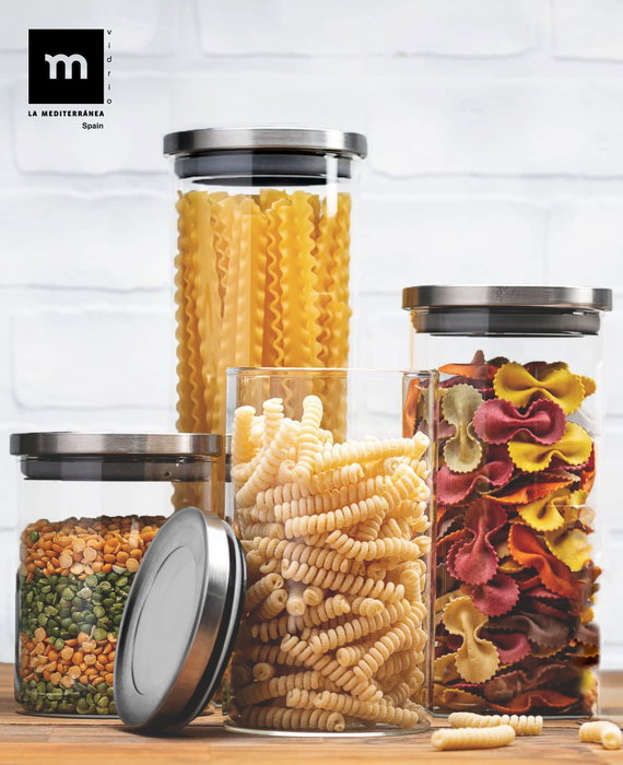 La Mediterranea Tarro Borosilicato con Tapa de Acero Inoxidable 1650 ml - 10.8 x 10.8 x 26 cm (12 Unidades)