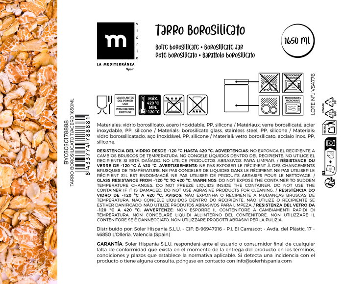 La Mediterranea Tarro Borosilicato con Tapa de Acero Inoxidable 1650 ml - 10.8 x 10.8 x 26 cm (12 Unidades)