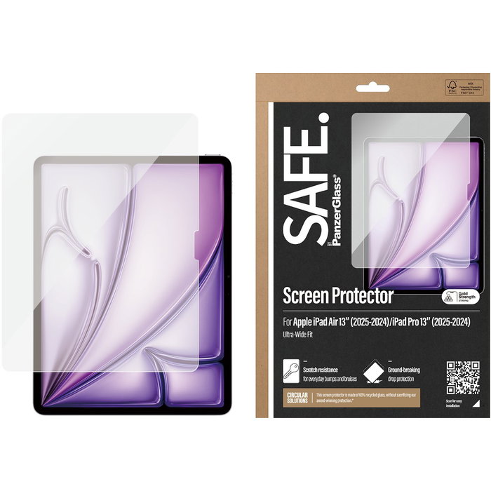 PanzerGlass SAFE Protector de Pantalla para Apple iPad Pro 13'' (2024-2025) e iPad Air 13'' (2024-2026) - Vidrio Templado, Aplicación Seca, Antihuellas
