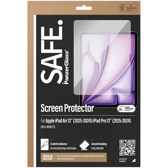 PanzerGlass SAFE Protector de Pantalla para Apple iPad Pro 13'' (2024-2025) e iPad Air 13'' (2024-2026) - Vidrio Templado, Aplicación Seca, Antihuellas