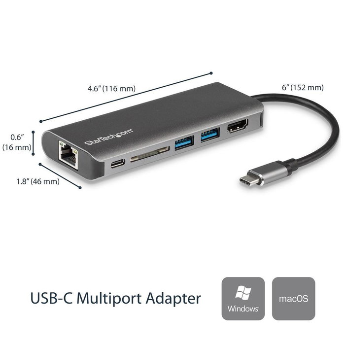 Startechcom Estación de Conexión USB Tipo C con HDMI, USB-A, Ethernet Gigabit y Lector de Tarjetas SD/MMC