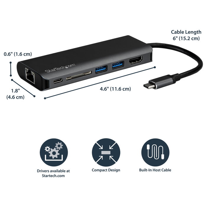 StarTech.com Docking Station USB-C con HDMI, Ethernet, Lector SD y PD 60W