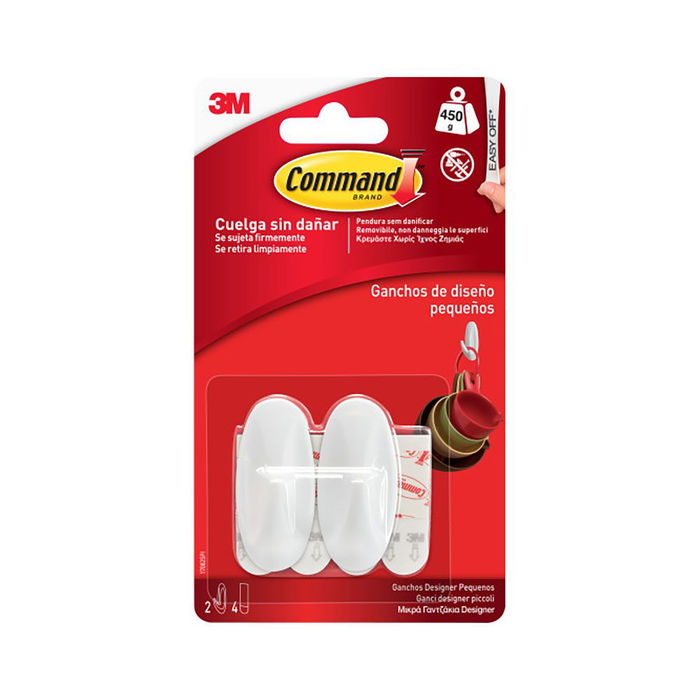 3M Command Gancho de Diseño Pequeño, Blanco, 2 uds + 4 Tiras, Máx. 450 g, Ref. 17082