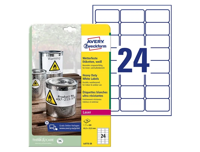 Avery Etiqueta Adhesiva Poliester Blanco Resistente 3,9 mm 63,5x33,9 mm Laser Pack 480 Unidades