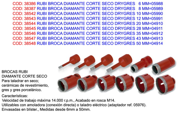 RUBI Broca de Diamante para Corte Seco de Gres Porcelánico 20 mm RUBI Broca de Diamante para Corte Seco de Gres Porcelánico 20 mm