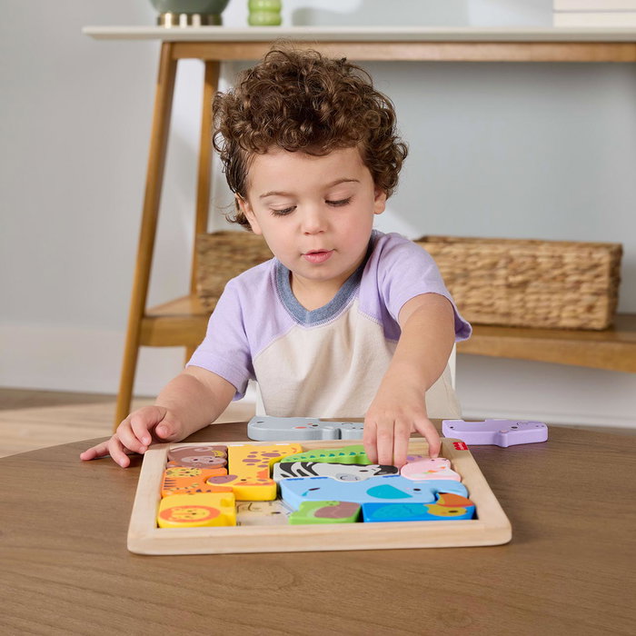 FISHER-PRICE JFG10 Puzzle De Madera De Animales, Rompecabezas Clasificador de Formas con 13 Piezas y Bandeja, Juguete Educativo para Niños +3 Años