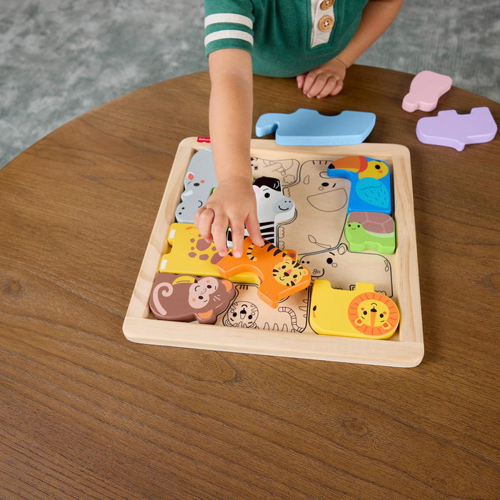 FISHER-PRICE JFG10 Puzzle De Madera De Animales, Rompecabezas Clasificador de Formas con 13 Piezas y Bandeja, Juguete Educativo para Niños +3 Años