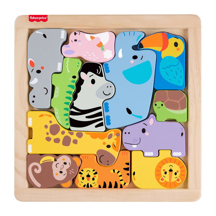 FISHER-PRICE JFG10 Puzzle De Madera De Animales, Rompecabezas Clasificador de Formas con 13 Piezas y Bandeja, Juguete Educativo para Niños +3 Años