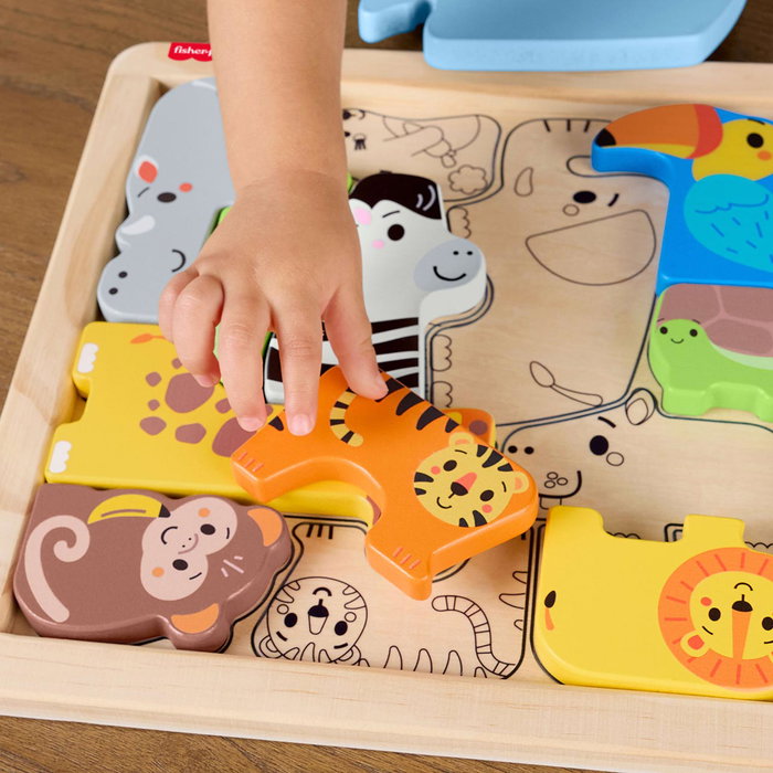 FISHER-PRICE JFG10 Puzzle De Madera De Animales, Rompecabezas Clasificador de Formas con 13 Piezas y Bandeja, Juguete Educativo para Niños +3 Años