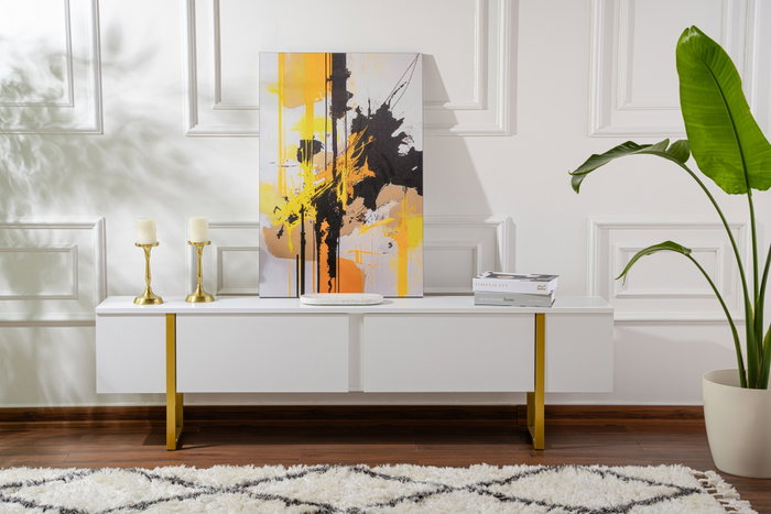 Nordure Mueble TV Serenity Blanco y Dorado Lujoso Elegante Contemporáneo con Amplio Almacenamiento 180 cm