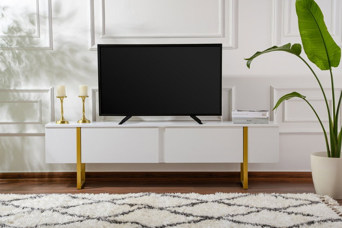 Nordure Mueble TV Serenity Blanco y Dorado Lujoso Elegante Contemporáneo con Amplio Almacenamiento 180 cm