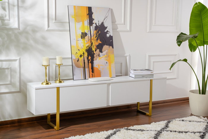 Nordure Mueble TV Serenity Blanco y Dorado Lujoso Elegante Contemporáneo con Amplio Almacenamiento 180 cm