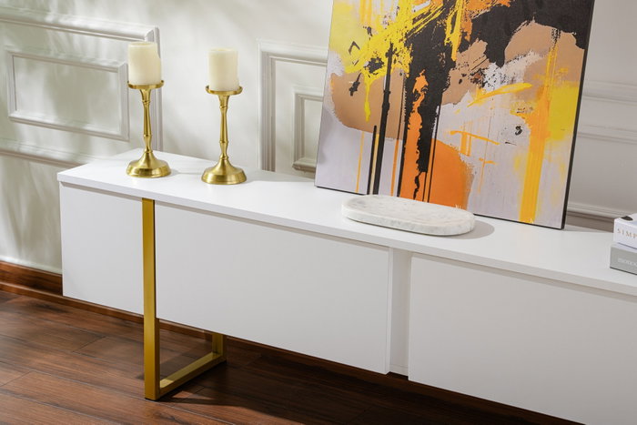 Nordure Mueble TV Serenity Blanco y Dorado Lujoso Elegante Contemporáneo con Amplio Almacenamiento 180 cm
