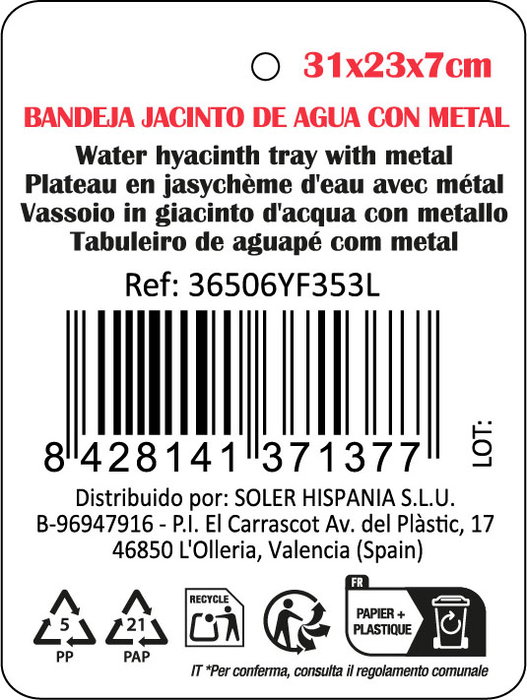 Inde Bandeja Rectangular Jacinto De Agua con Metal Inde Bandeja Rectangular Jacinto De Agua con Metal