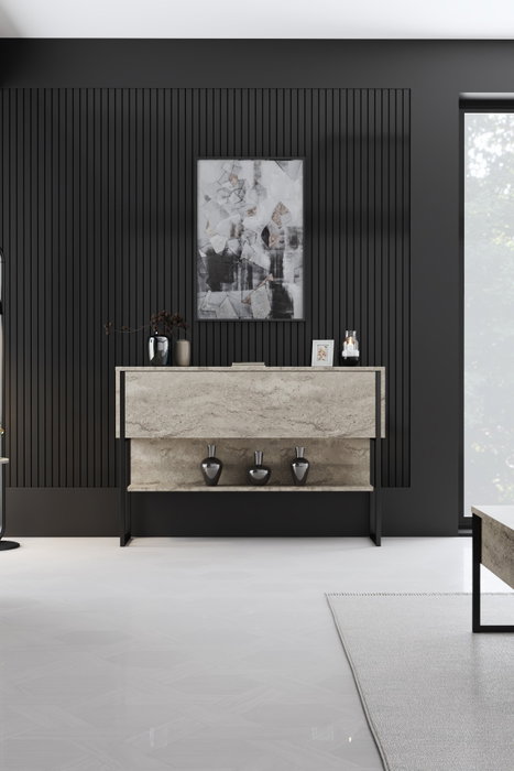 Hanah Home Tocador Travertino y Negro 120cm x 80cm x 30cm Elegante y Duradero Fabricado en Tablero de Partículas Melamina