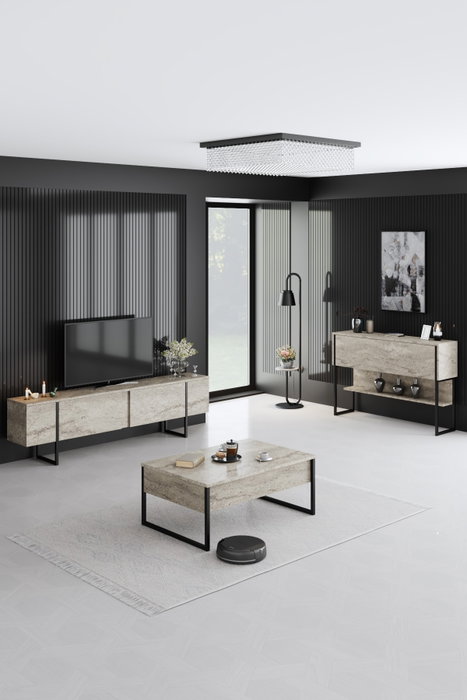 Hanah Home Tocador Travertino y Negro 120cm x 80cm x 30cm Elegante y Duradero Fabricado en Tablero de Partículas Melamina