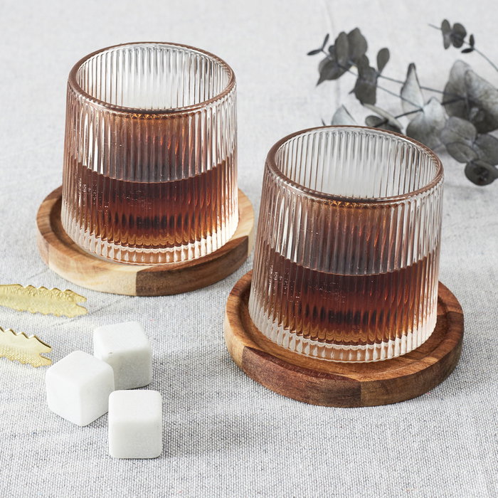 Cook Concept Juego de 2 Vasos de Whisky con Posavasos de Acacia Colección Cocktail Basculante Capacidad 160ml