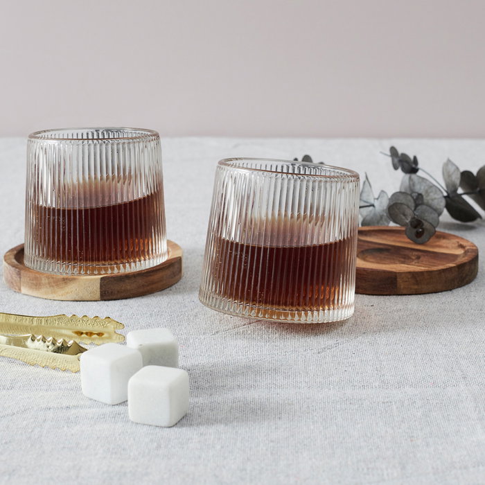 Cook Concept Juego de 2 Vasos de Whisky con Posavasos de Acacia Colección Cocktail Basculante Capacidad 160ml