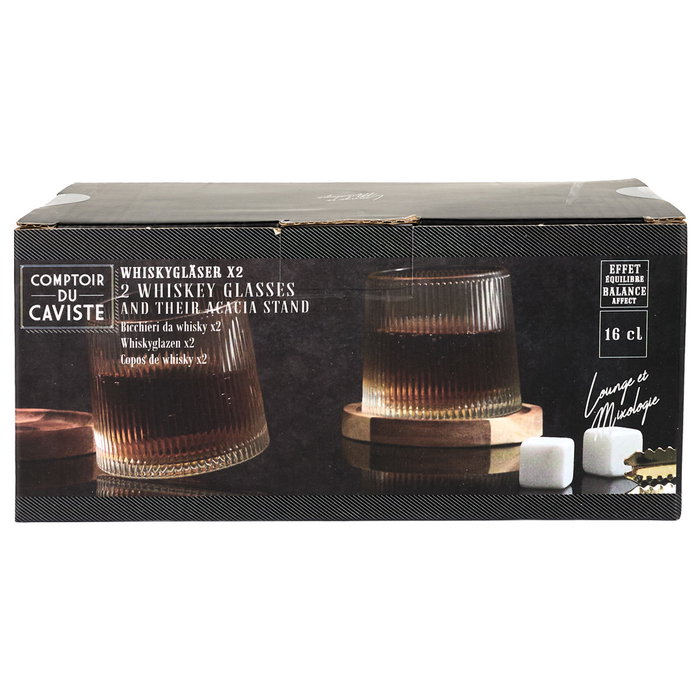 Cook Concept Juego de 2 Vasos de Whisky con Posavasos de Acacia Colección Cocktail Basculante Capacidad 160ml