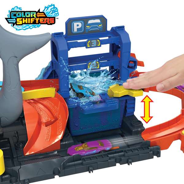 Mattel Pista Hot Wheels City Túnel de Lavado con Tiburón Incluye Coche que Cambia de Color con Agua